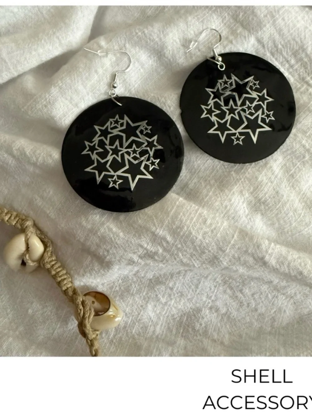 Black Shell Star Earrings, Chaos Witch Celestial Dangles 925 Hooks‎